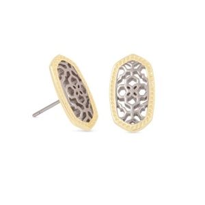 EUC Kendra Scott Ellie Filigree mixed Rhodium silver w/ gold trim earrings studs